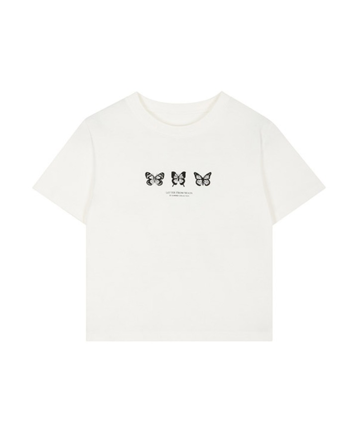 [블랙핑크 제니 착용] Triple Butterfly Crop Short Sleeve T-shirts ( White )