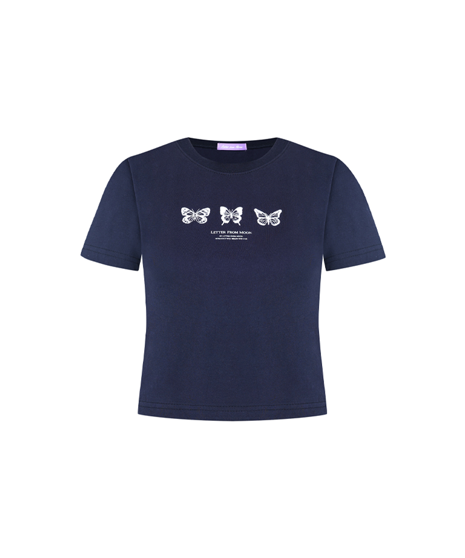 Triple Butterfly Crop Short Sleeve T-shirts ( Navy )