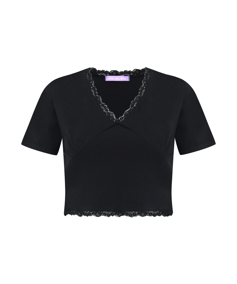 Deep in Love Lace V neck T-shirts ( Black )